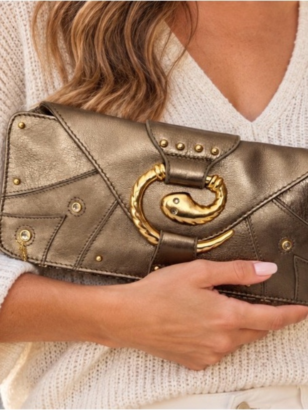 bebe Metallic Gold Snake Accent Leather Clutch teal inside snake clasp bling sk4